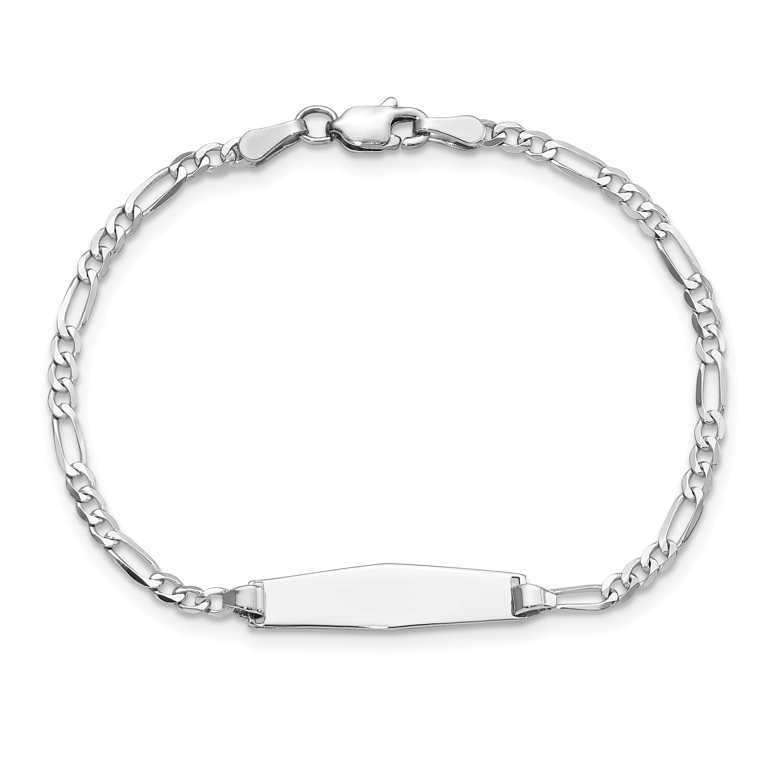 14k White Gold Polished Solid Chain/Solid Plate Figaro Link Soft Diamond Shape 19.5x5.5mm Plate 7 inch ID Bracelet