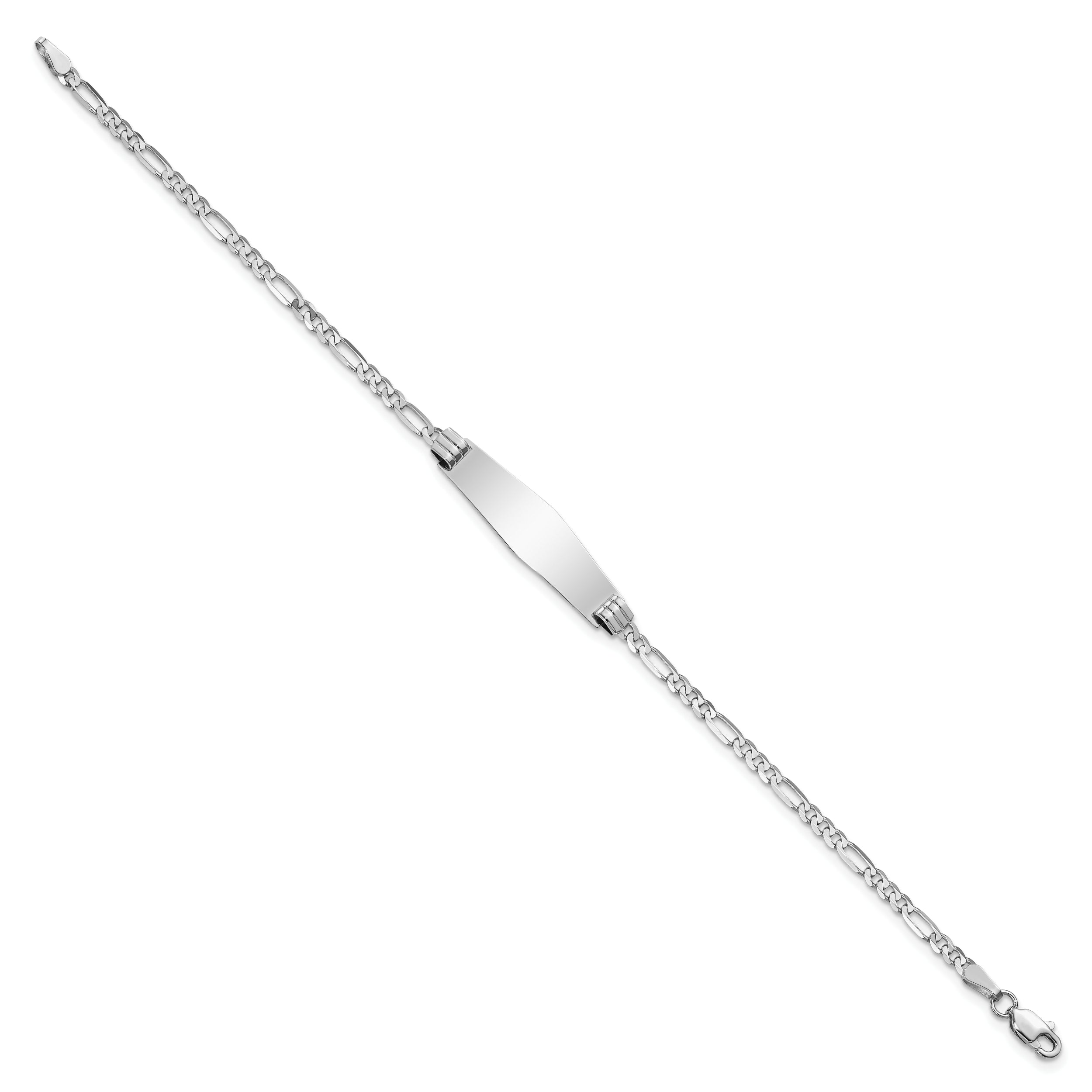 14k White Gold Polished Solid Chain/Solid Plate Figaro Link Soft Diamond Shape 24.5x7.5mm Plate 8 inch ID Bracelet
