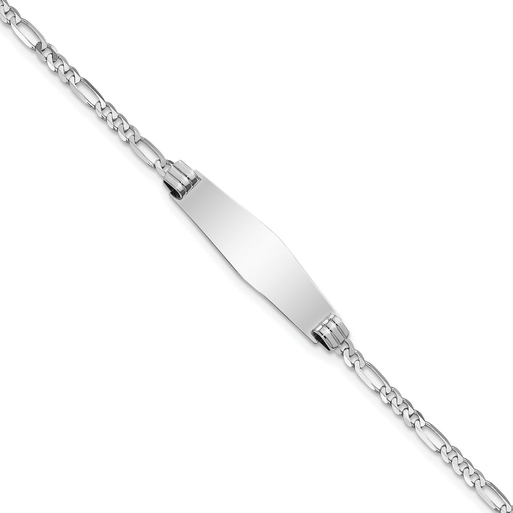 14k White Gold Polished Solid Chain/Solid Plate Figaro Link Soft Diamond Shape 24.5x7.5mm Plate 8 inch ID Bracelet
