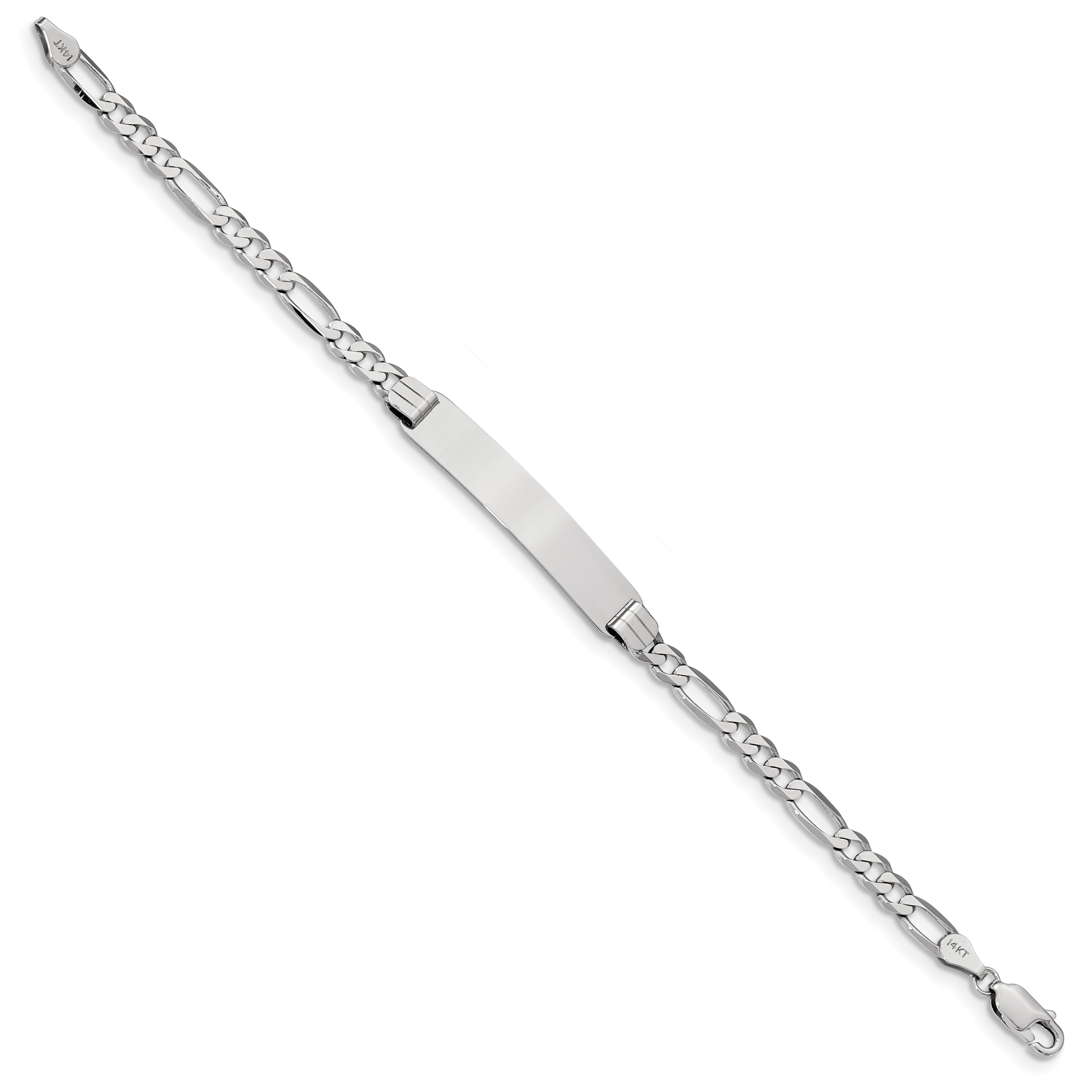 14k White Gold Polished Solid Chain/Solid Plate Figaro Link  33.5x6mm Plate 8 inch ID Bracelet