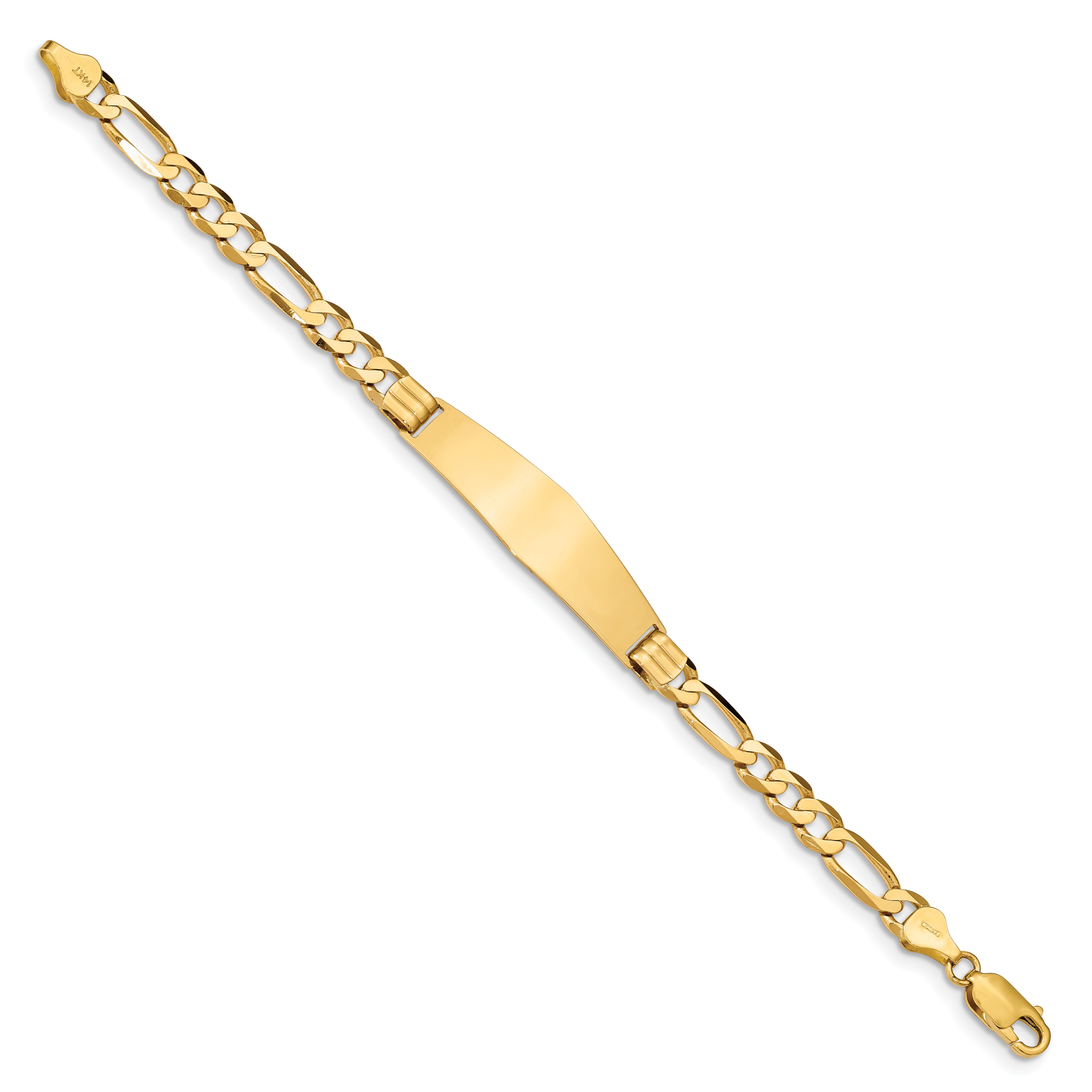 14k Polished Solid Chain/Solid Plate Figaro Link Soft Diamond Shape 37x10mm Plate 8 inch ID Bracelet