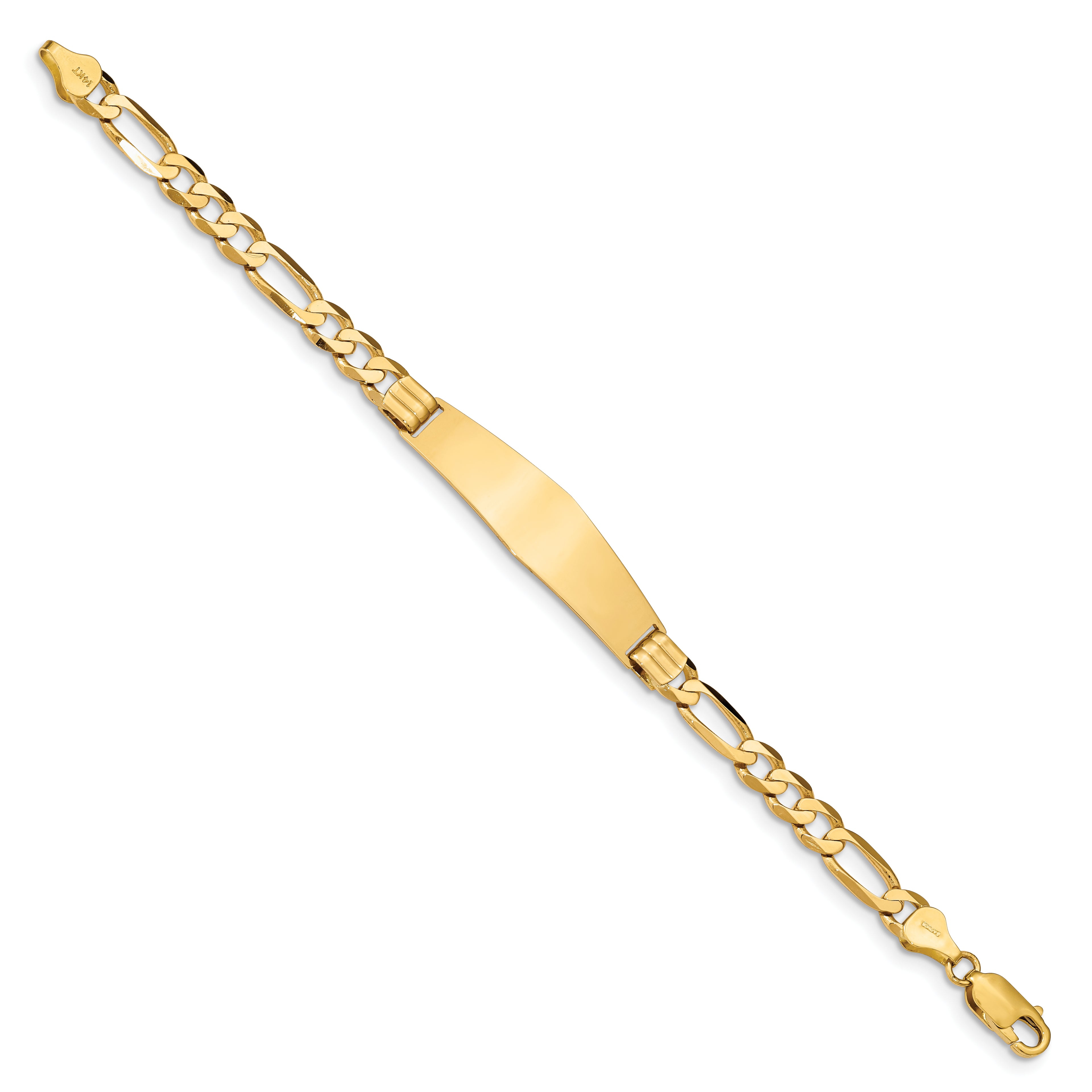 14k Polished Solid Chain/Solid Plate Figaro Link Soft Diamond Shape 37x10mm Plate 8 inch ID Bracelet