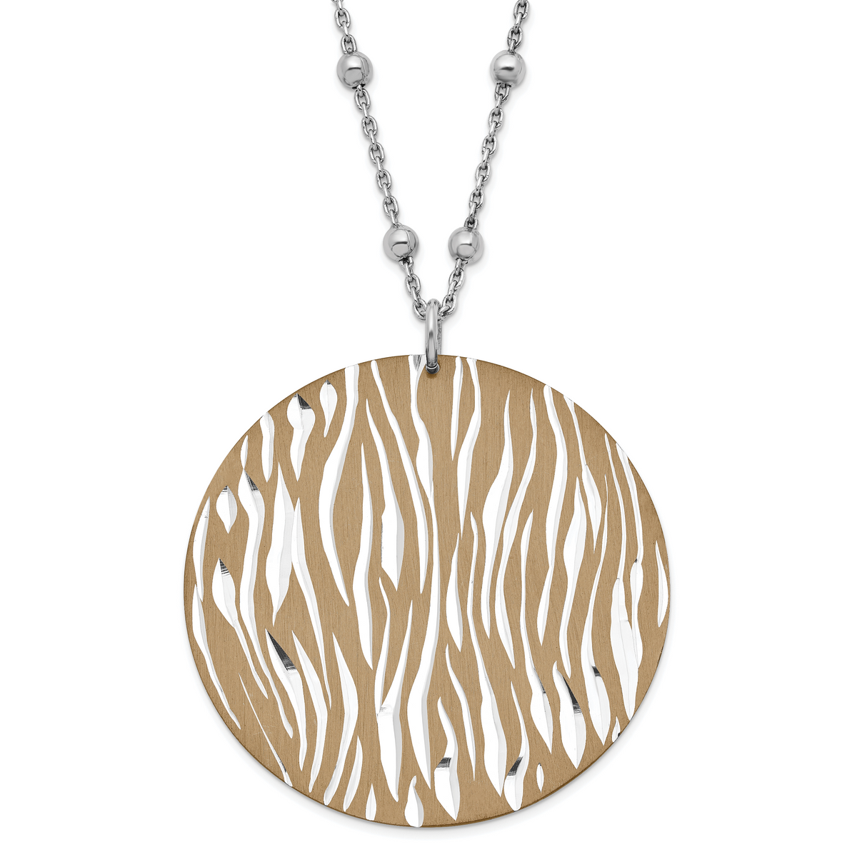 Sterling Silver Chocolate Rhodium Diamond-cut Zebra Circle Beaded w/ 2in ext Necklace