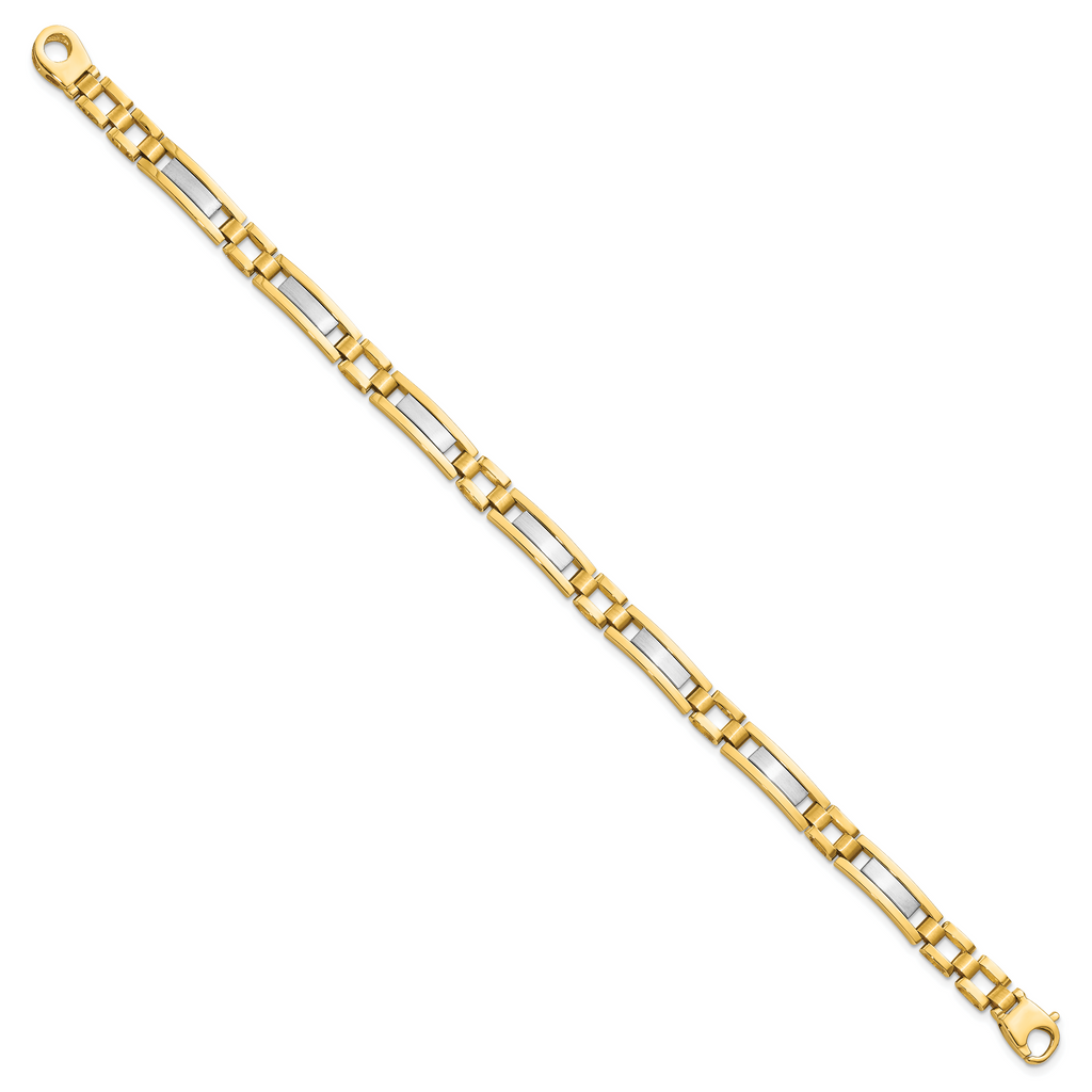 14k Two-tone Polished and Satin 6.3mm Fancy Bar Link Mens Bracelet