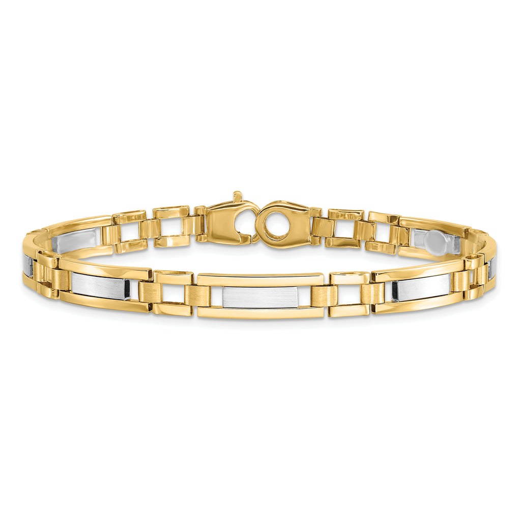 14k Two-tone Polished and Satin 6.3mm Fancy Bar Link Mens Bracelet