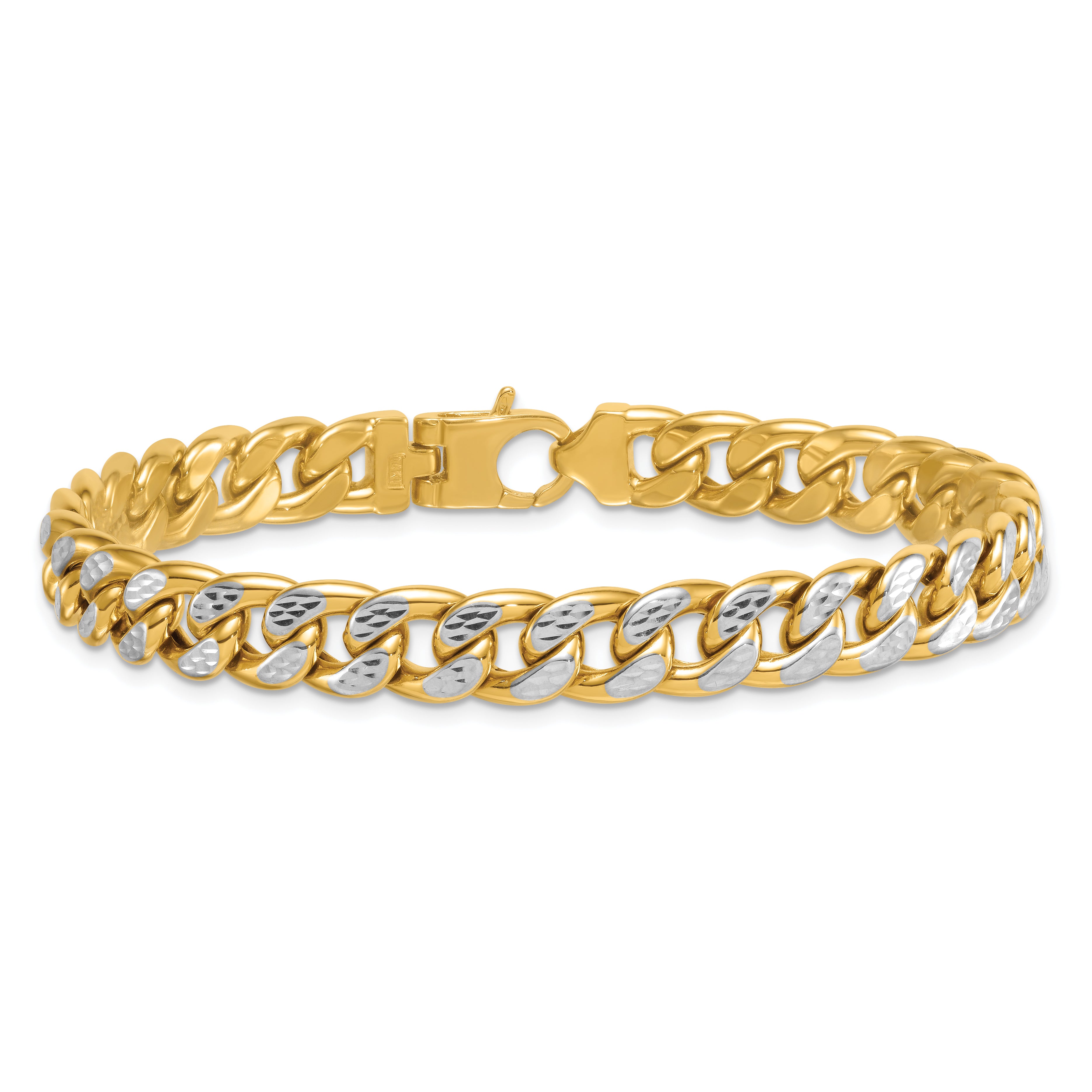14k with White Rhodium Pave Textured 8.5mm Flat Curb Chain 8.5 inch Mens Bracelet