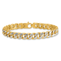 14k with White Rhodium Pave Textured 8.5mm Flat Curb Chain 8.5 inch Mens Bracelet