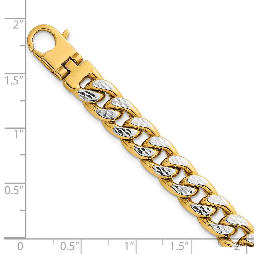 14k with White Rhodium Pave Textured 8.5mm Flat Curb Chain 8.5 inch Mens Bracelet