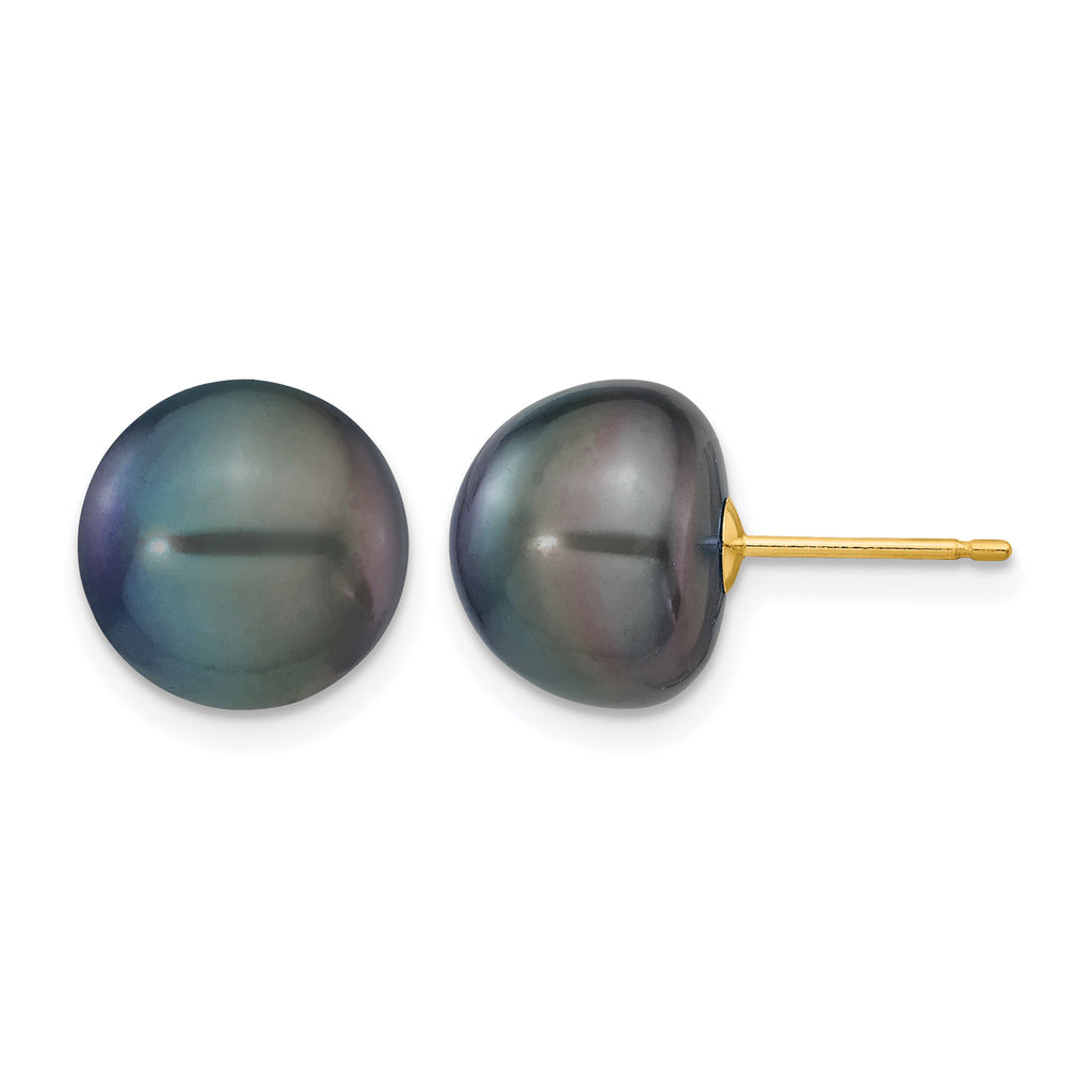 14K Gold Filled 10-11mm Black Button Cultured Freshwater Pearl Stud Earrings by Sophia Jewelers