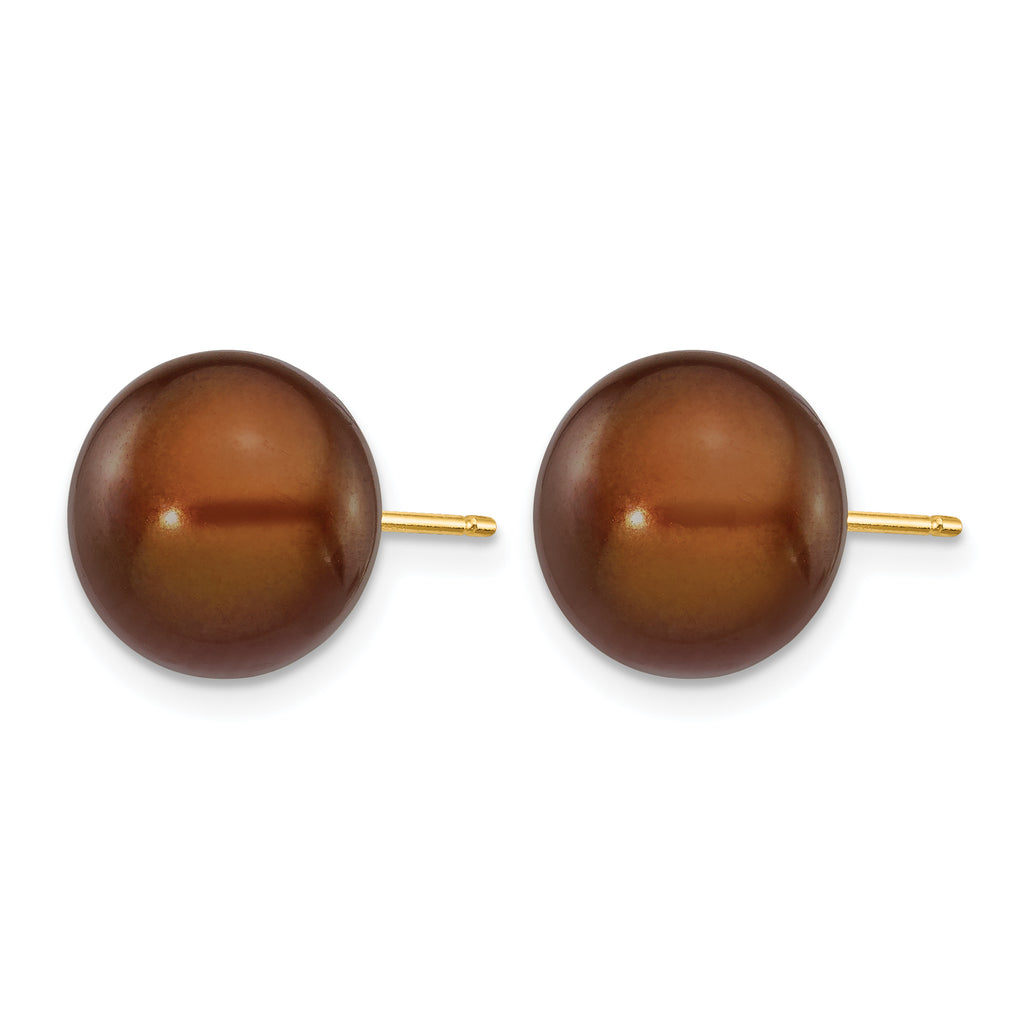 14K Gold Filled 10-11mm Brown Button Cultured Freshwater Pearl Stud Earrings - view 2