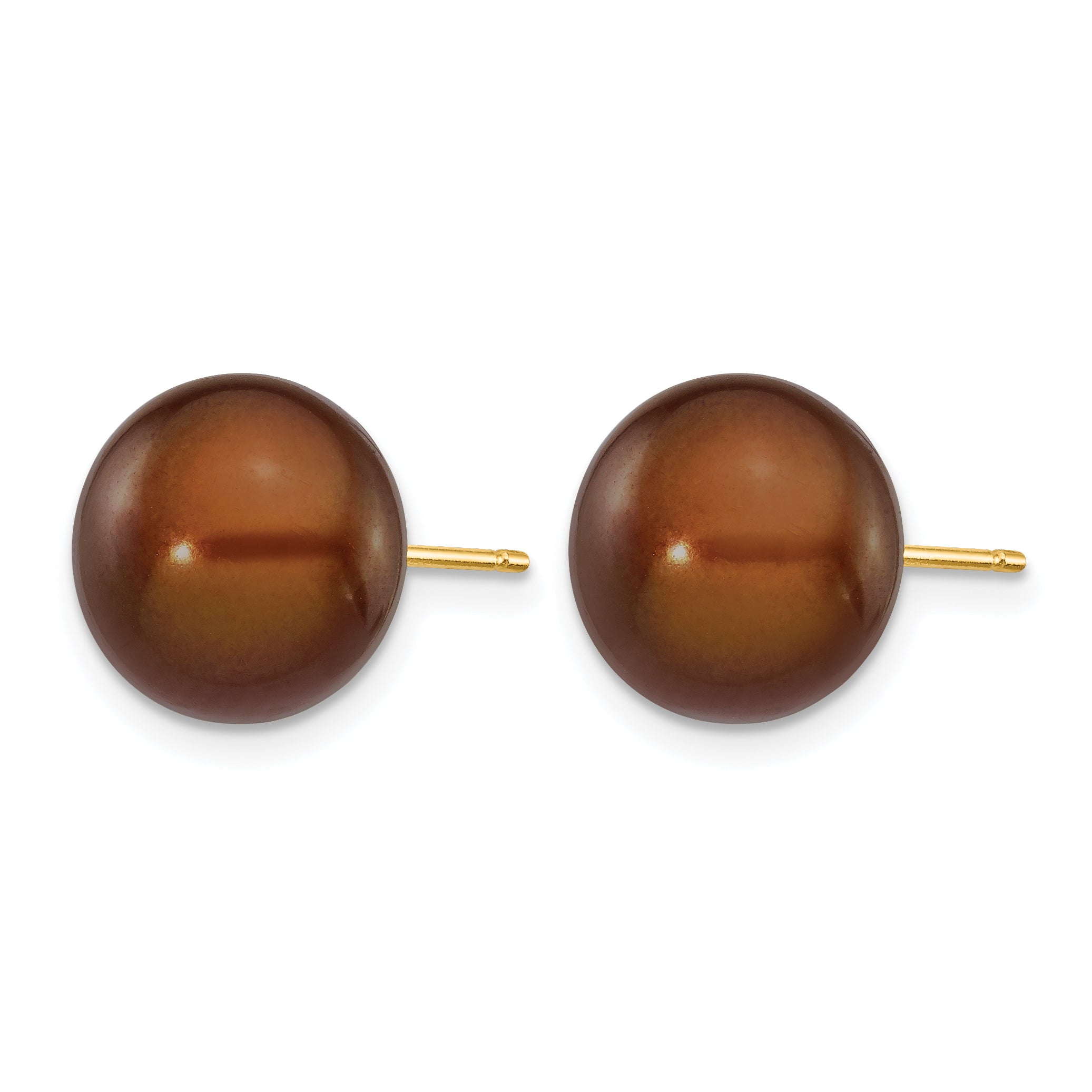 14K Gold Filled 10-11mm Brown Button Cultured Freshwater Pearl Stud Earrings - view 2