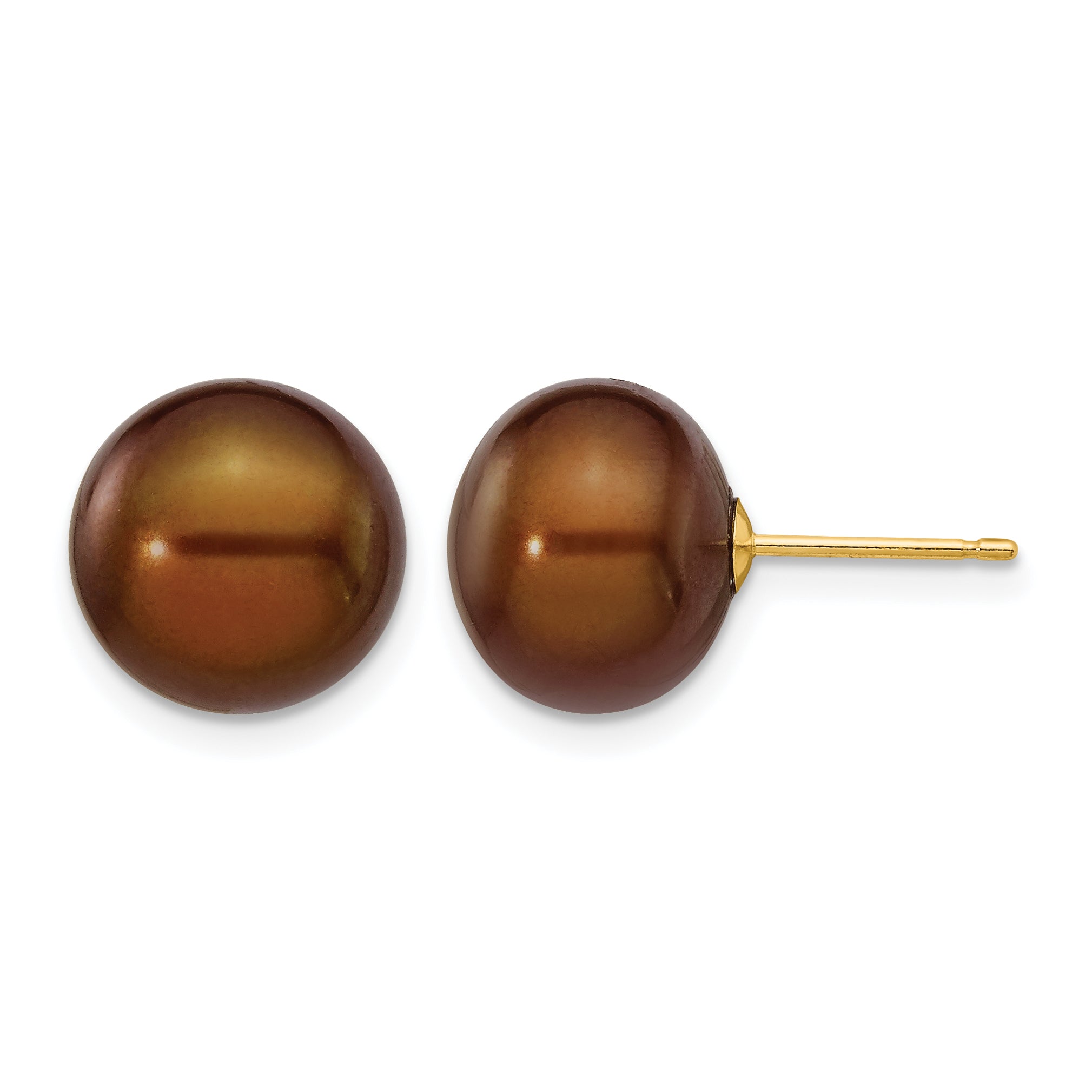 14K Gold Filled 10-11mm Brown Button Cultured Freshwater Pearl Stud Earrings by Sophia Jewelers Main image
