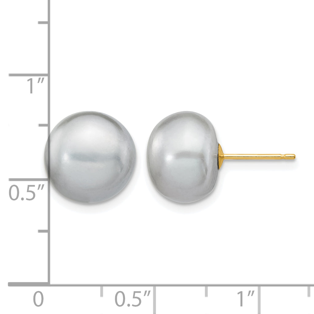 14K Gold Filled 10-11mm Grey Button Cultured Freshwater Pearl Stud Earrings - view 3
