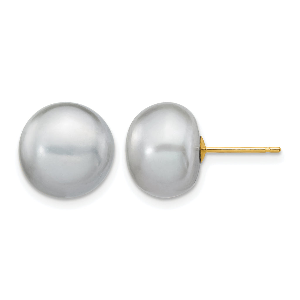 14K Gold Filled 10-11mm Grey Button Cultured Freshwater Pearl Stud Earrings by Sophia Jewelers