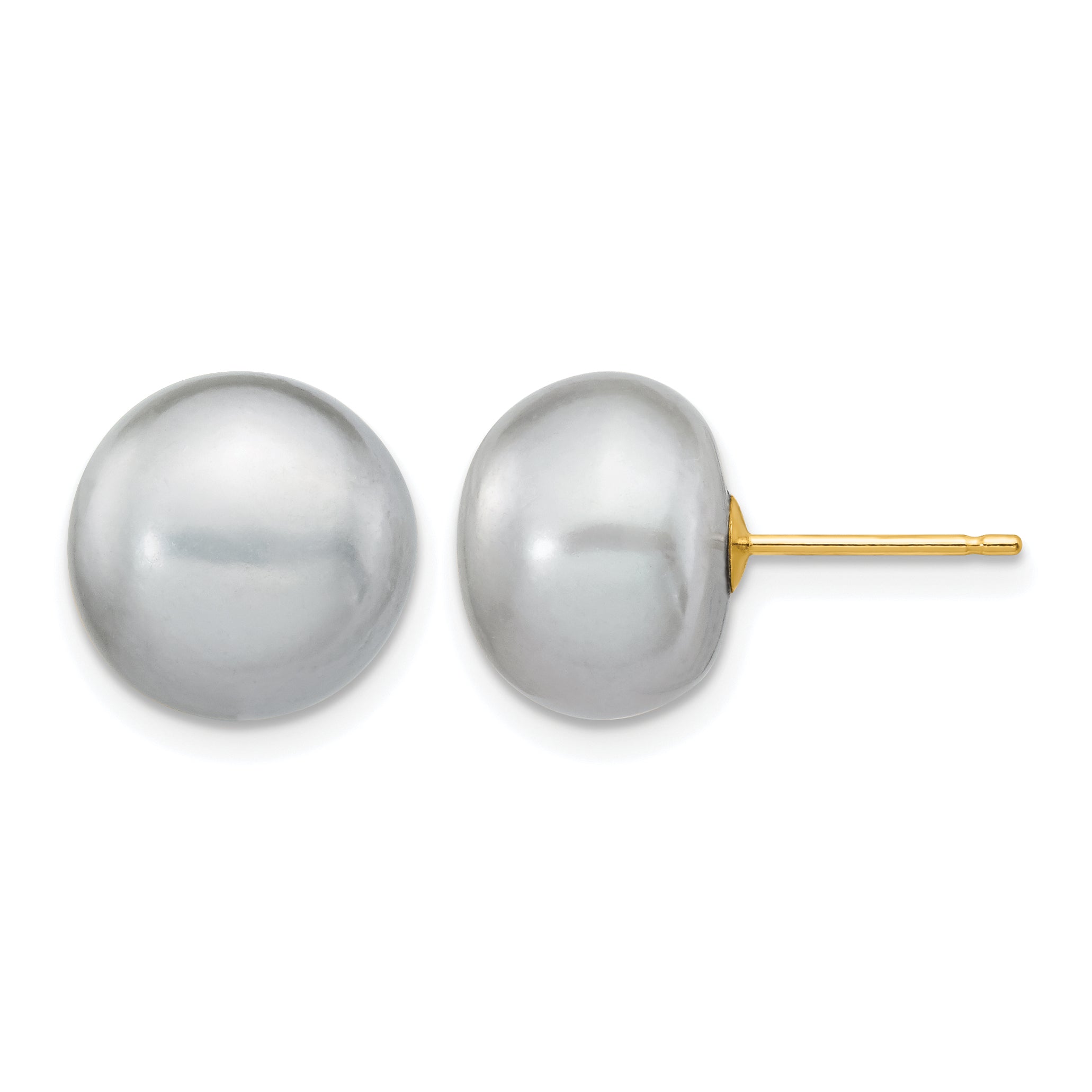 14K Gold Filled 10-11mm Grey Button Cultured Freshwater Pearl Stud Earrings by Sophia Jewelers
