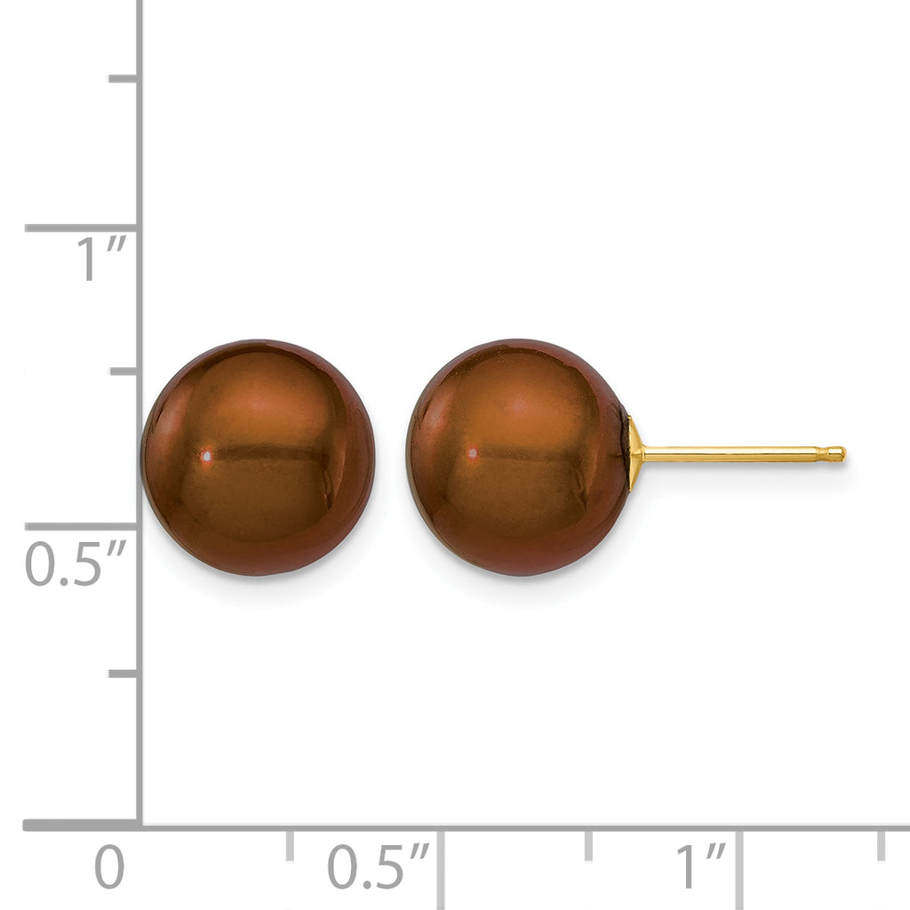 14K Gold Filled 10-11mm Brown Round Cultured Freshwater Pearl Stud Earrings - view 3