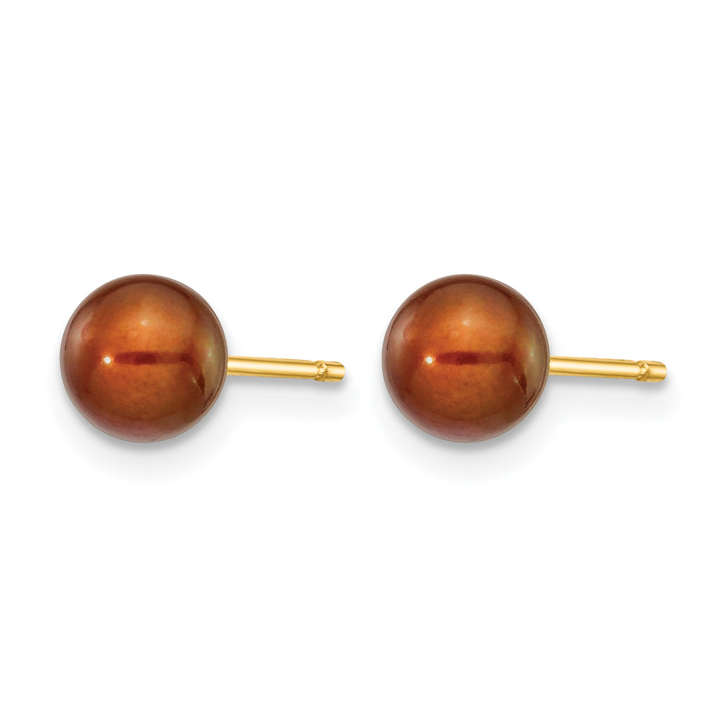 14K Gold Filled 5-6mm Brown Round Cultured Freshwater Pearl Stud Earrings - view 2