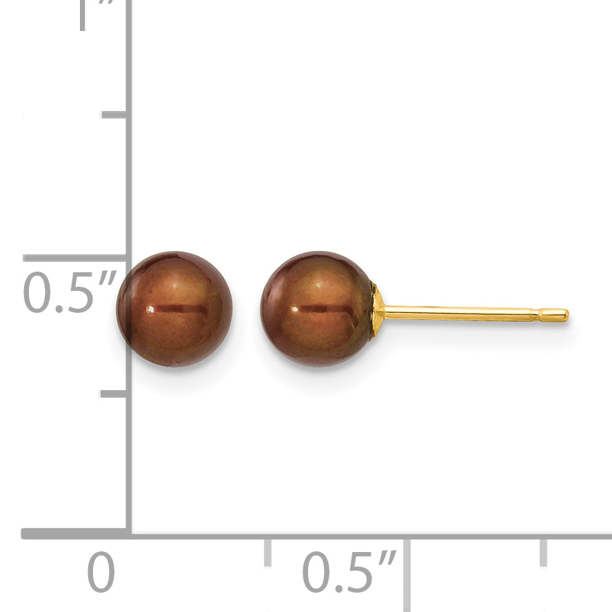 14K Gold Filled 5-6mm Brown Round Cultured Freshwater Pearl Stud Earrings - view 3