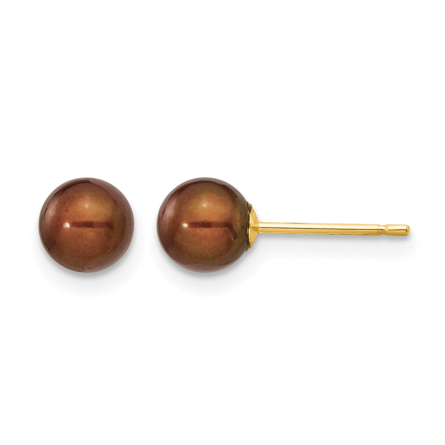 14K Gold Filled 5-6mm Brown Round Cultured Freshwater Pearl Stud Earrings by Sophia Jewelers