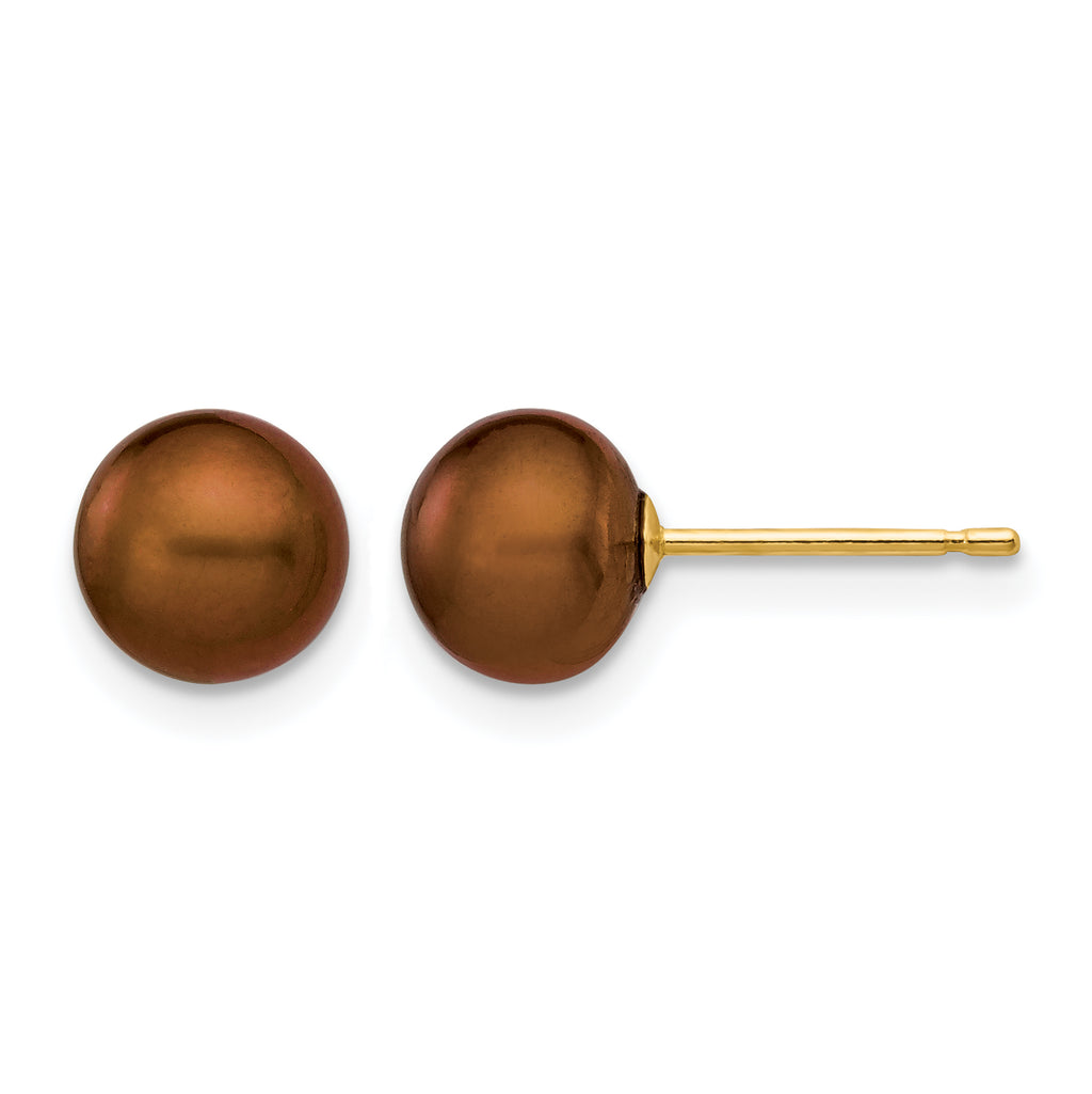 14K Gold Filled 6-7mm Brown Button Cultured Freshwater Pearl Stud Earrings by Sophia Jewelers