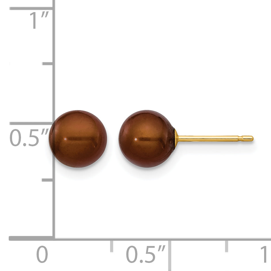 14K Gold Filled 6-7mm Brown Round Cultured Freshwater Pearl Stud Earrings - view 3