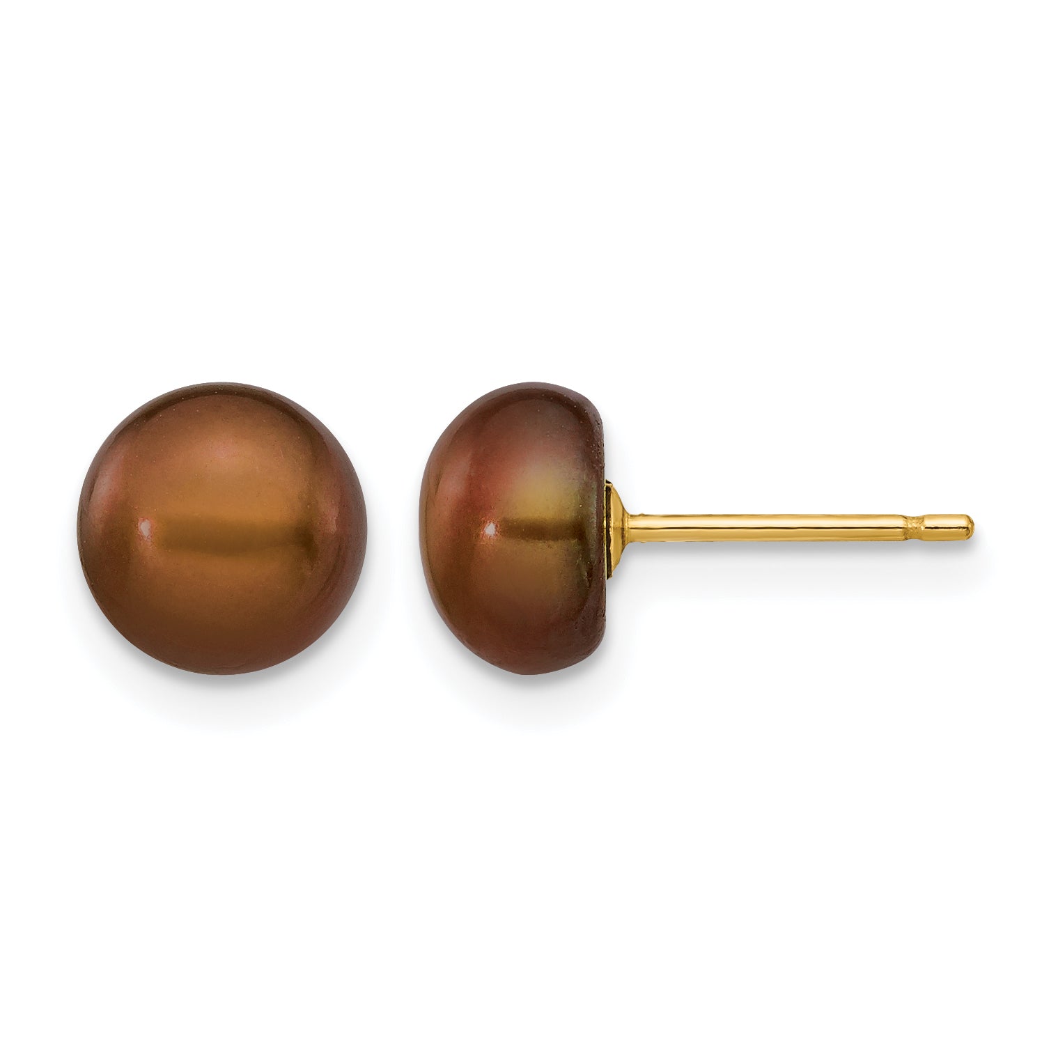 14K Gold Filled 7-8mm Brown Button Cultured Freshwater Pearl Stud Earrings by Sophia Jewelers