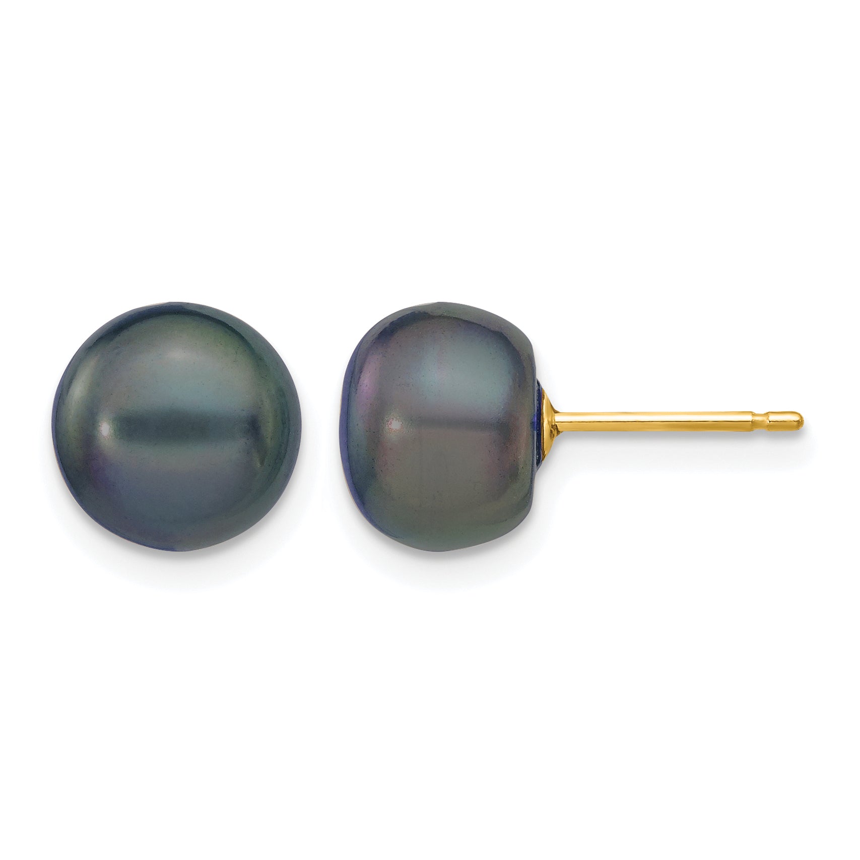 14K Gold Filled 8-9mm Black Button Cultured Freshwater Pearl Stud Earrings by Sophia Jewelers