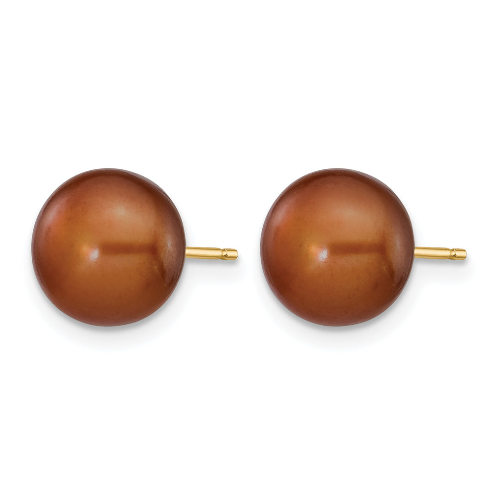 14K Gold Filled 8-9mm Brown Button Cultured Freshwater Pearl Stud Earrings - view 2
