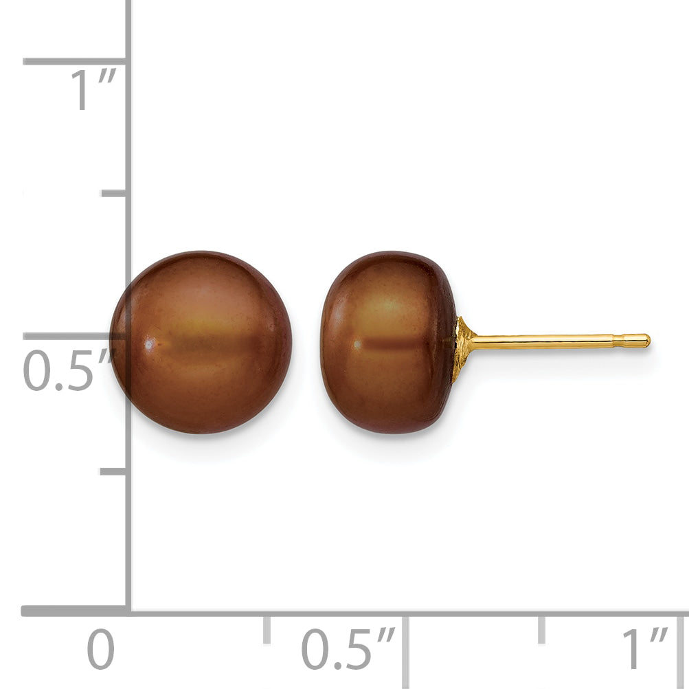 14K Gold Filled 8-9mm Brown Button Cultured Freshwater Pearl Stud Earrings - view 3