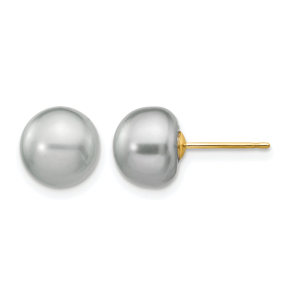 14K Gold Filled 8-9mm Grey Button Cultured Freshwater Pearl Stud Earrings by Sophia Jewelers
