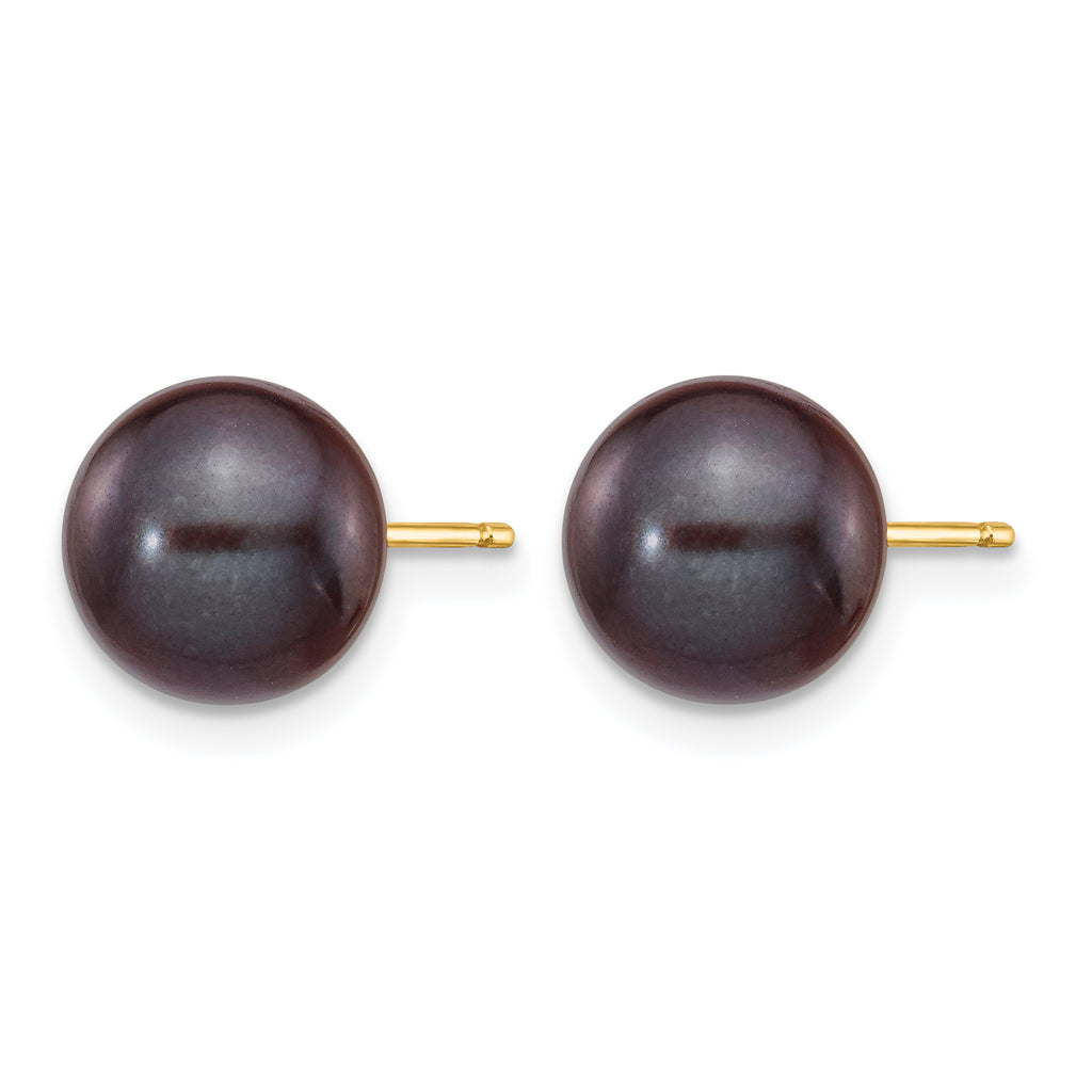 14K Gold Filled 8-9mm Black Round Cultured Freshwater Pearl Stud Earrings - view 2