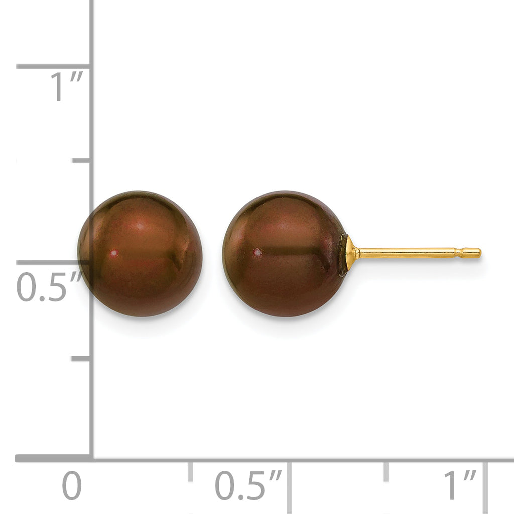 14K Gold Filled 8-9mm Brown Round Cultured Freshwater Pearl Stud Earrings - view 3