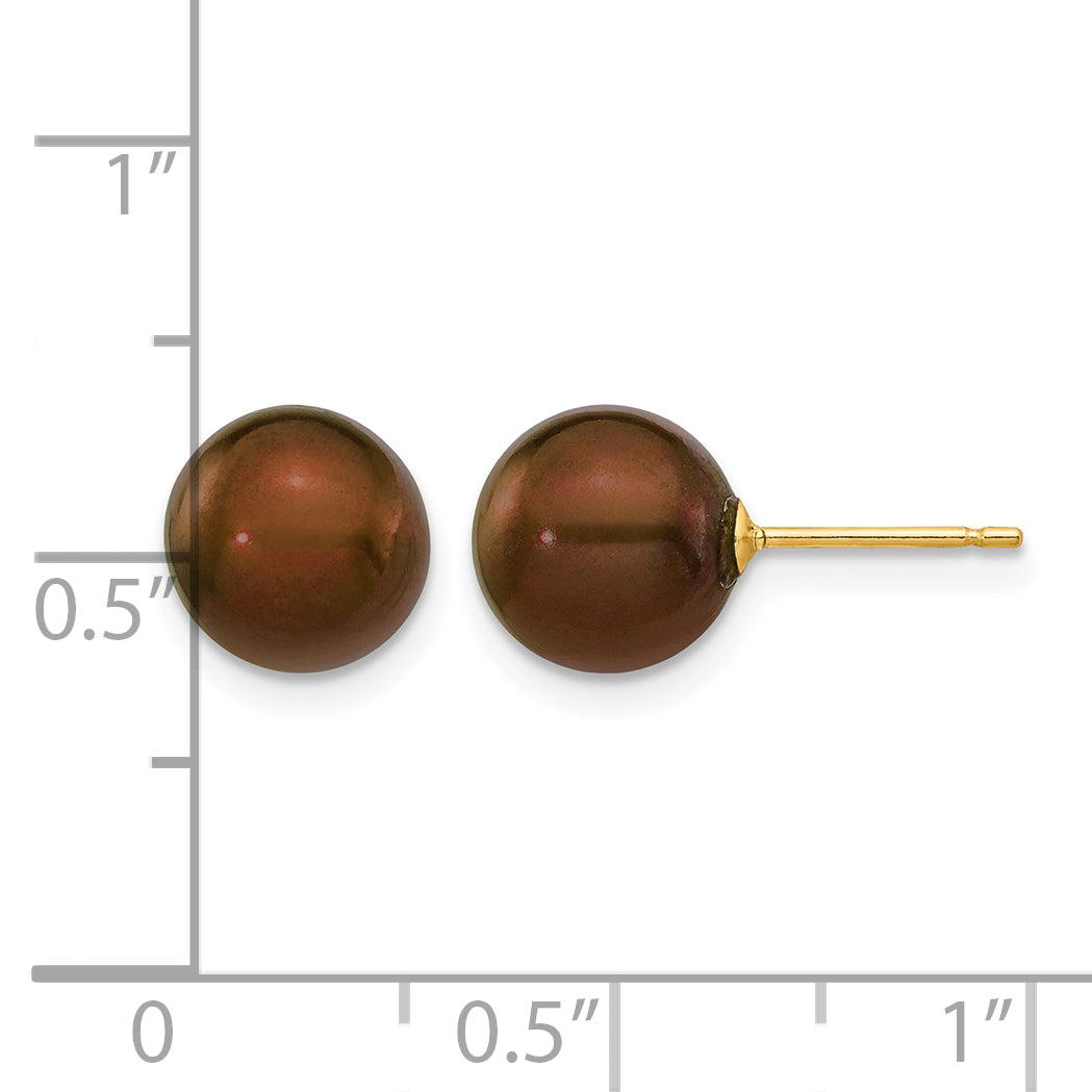 14K Gold Filled 8-9mm Brown Round Cultured Freshwater Pearl Stud Earrings - view 3