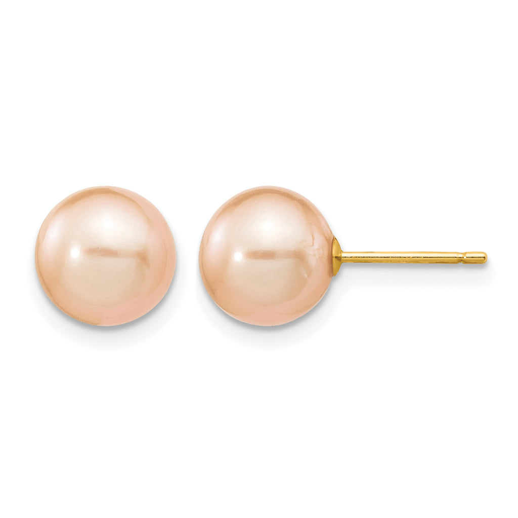 14K Gold Filled 8-9mm Pink Round Cultured Freshwater Pearl Stud Earrings by Sophia Jewelers