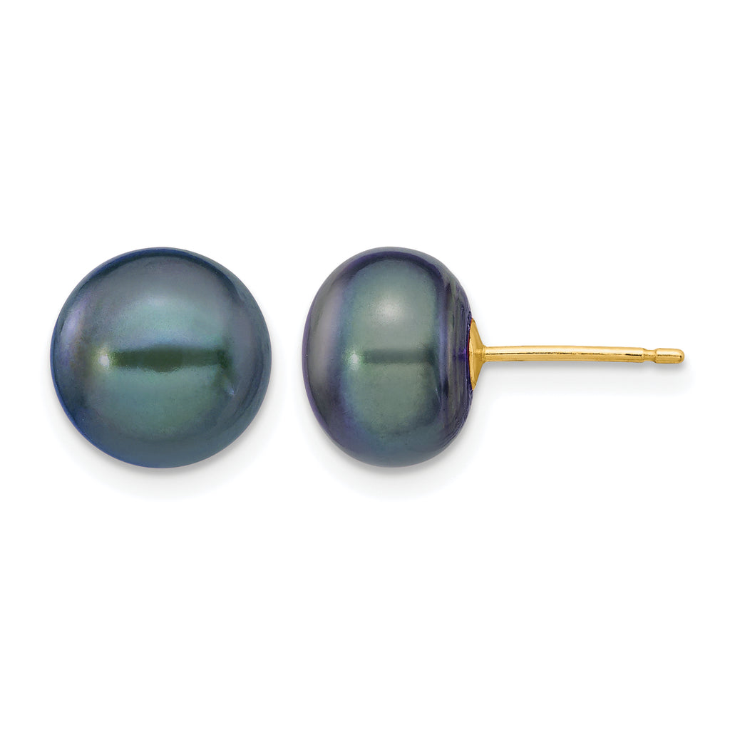 14K Gold Filled 9-10mm Black Button Cultured Freshwater Pearl Stud Earrings by Sophia Jewelers