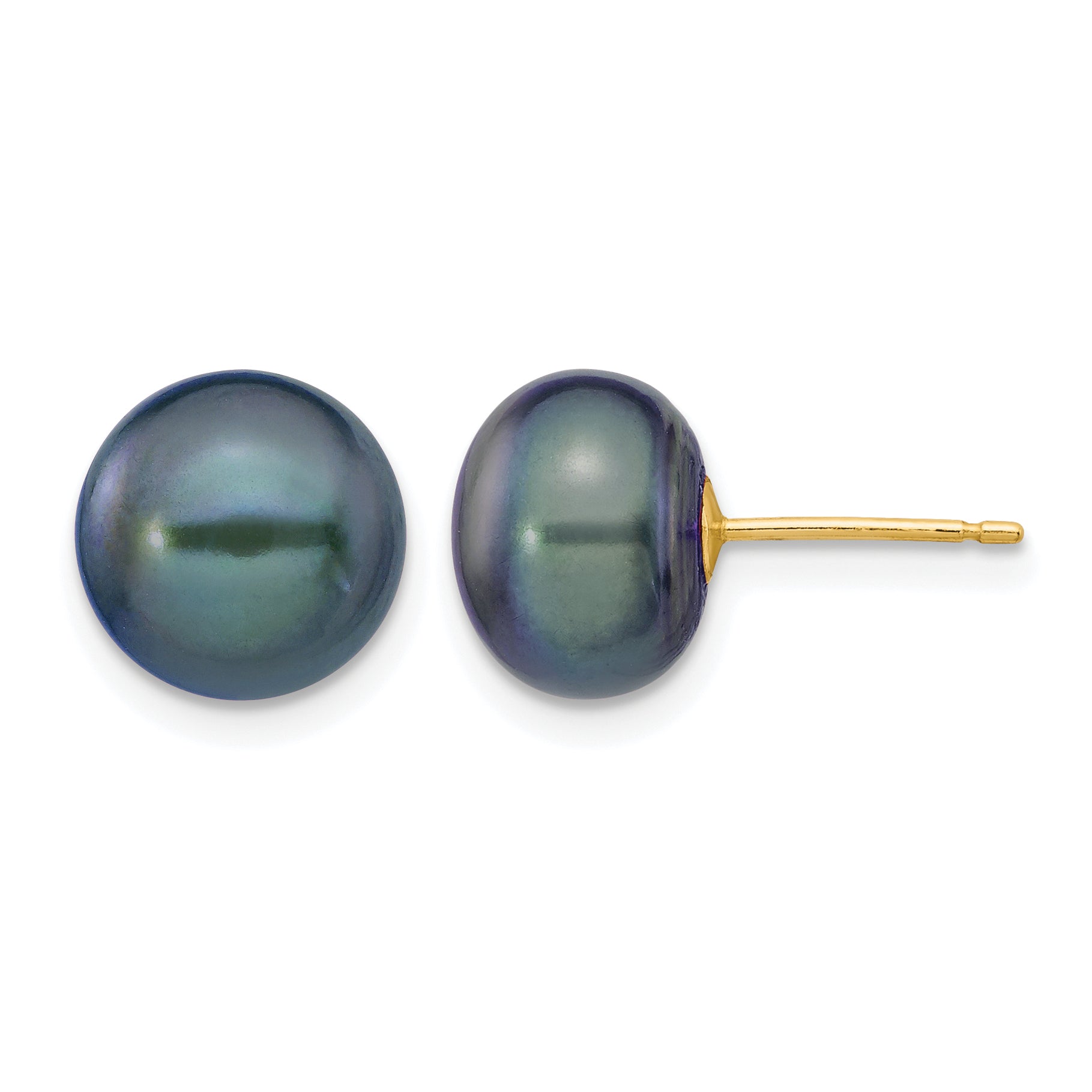 14K Gold Filled 9-10mm Black Button Cultured Freshwater Pearl Stud Earrings by Sophia Jewelers