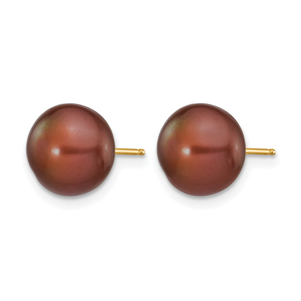 14K Gold Filled 9-10mm Brown Button Cultured Freshwater Pearl Stud Earrings - view 2