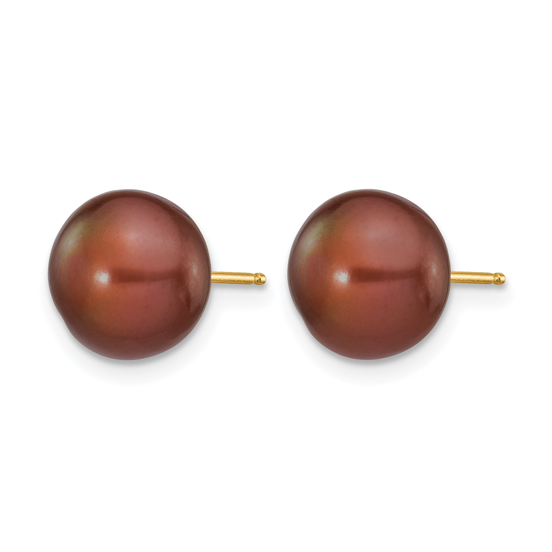 14K Gold Filled 9-10mm Brown Button Cultured Freshwater Pearl Stud Earrings - view 2