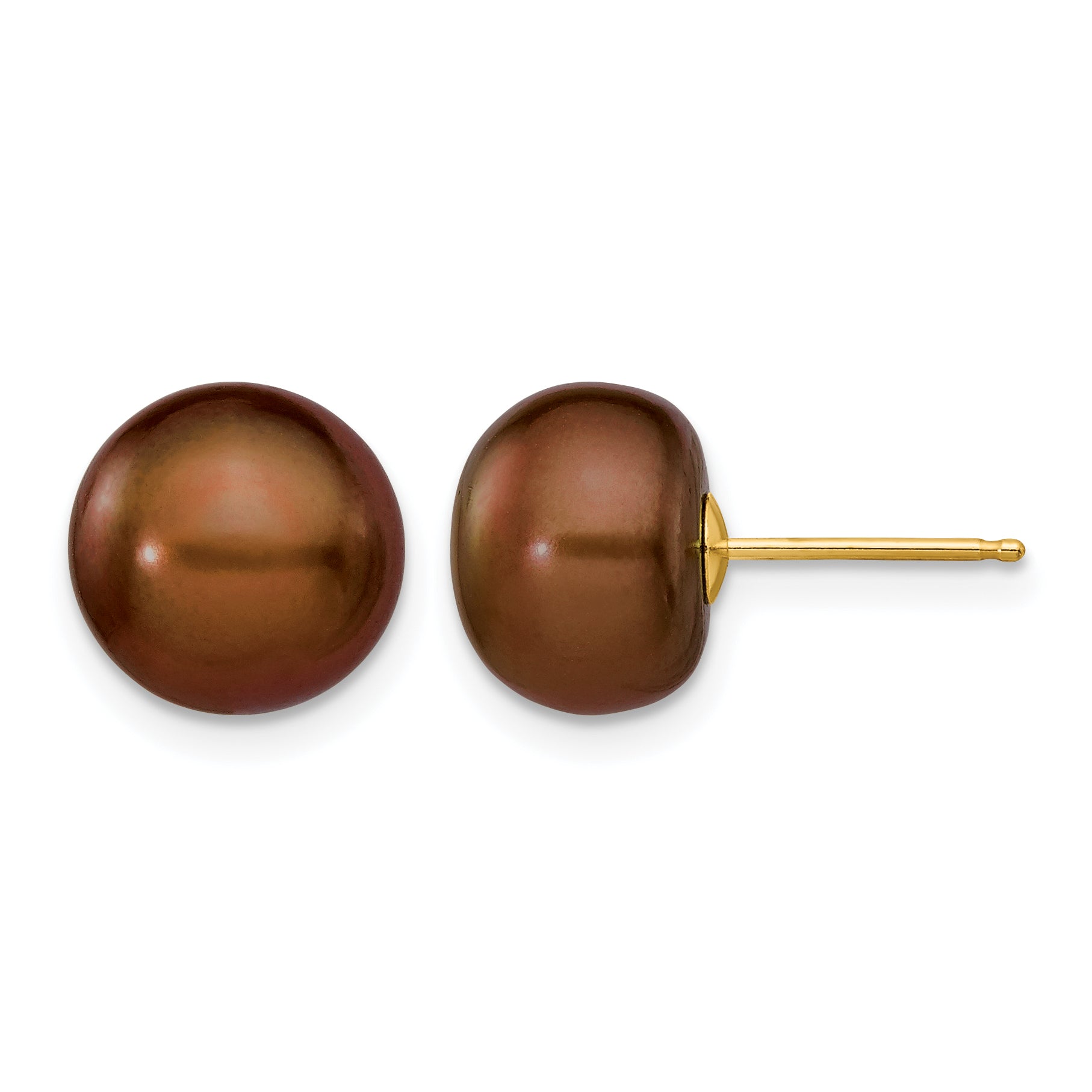 14K Gold Filled 9-10mm Brown Button Cultured Freshwater Pearl Stud Earrings by Sophia Jewelers Main image