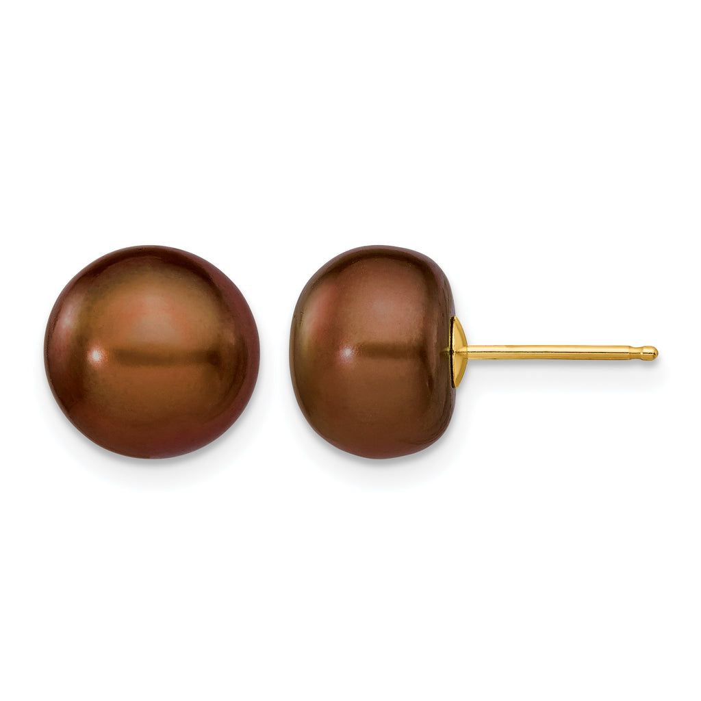 14K Gold Filled 9-10mm Brown Button Cultured Freshwater Pearl Stud Earrings by Sophia Jewelers