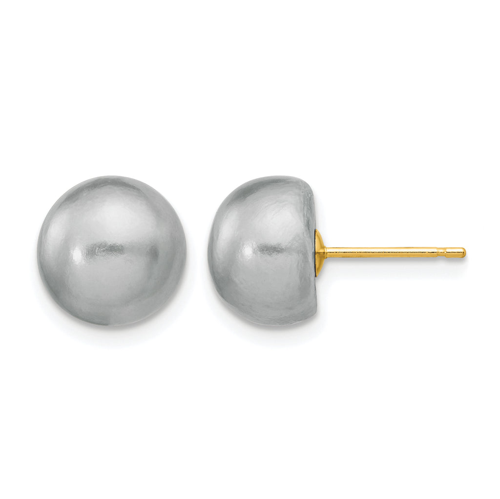 14K Gold Filled 9-10mm Grey Button Cultured Freshwater Pearl Stud Earrings by Sophia Jewelers