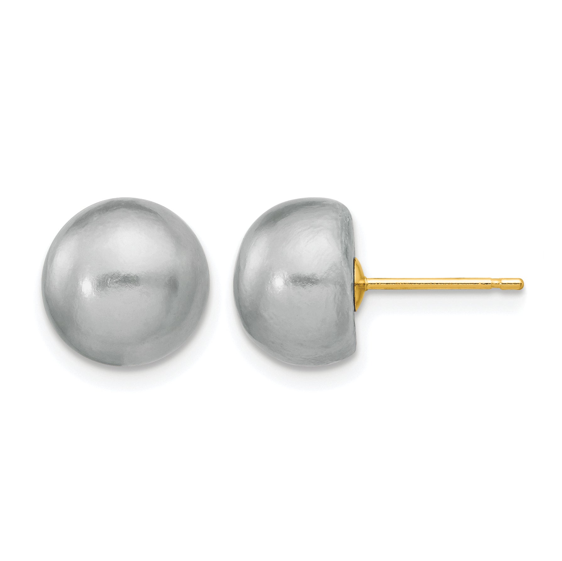 14K Gold Filled 9-10mm Grey Button Cultured Freshwater Pearl Stud Earrings by Sophia Jewelers
