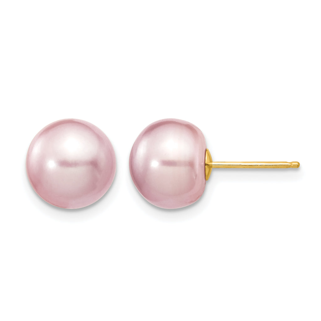 14K Gold Filled 9-10mm Purple Button Cultured Freshwater Pearl Stud Earrings by Sophia Jewelers