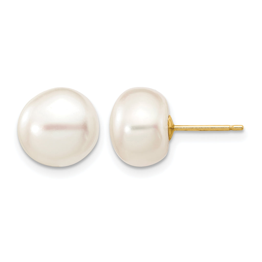 14K Gold Filled 9-10mm White Button Cultured Freshwater Pearl Stud Earrings by Sophia Jewelers