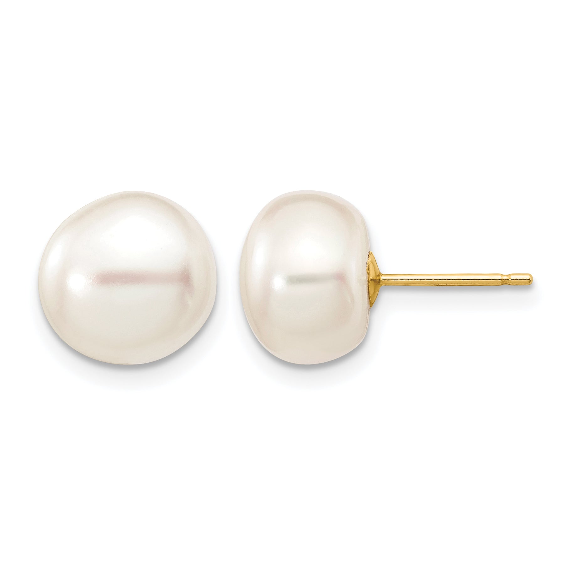 14K Gold Filled 9-10mm White Button Cultured Freshwater Pearl Stud Earrings by Sophia Jewelers