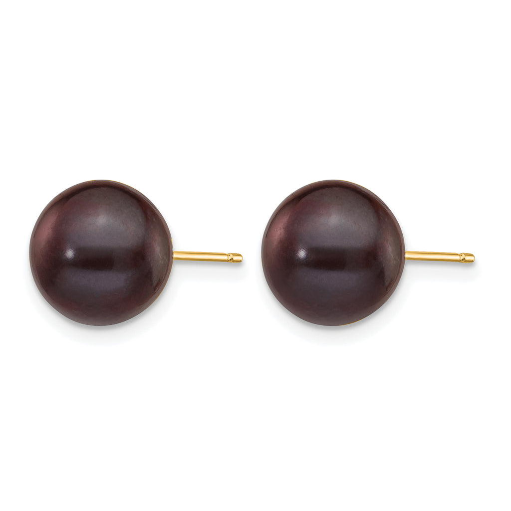 14K Gold Filled 9-10mm Black Round Cultured Freshwater Pearl Stud Earrings - view 2