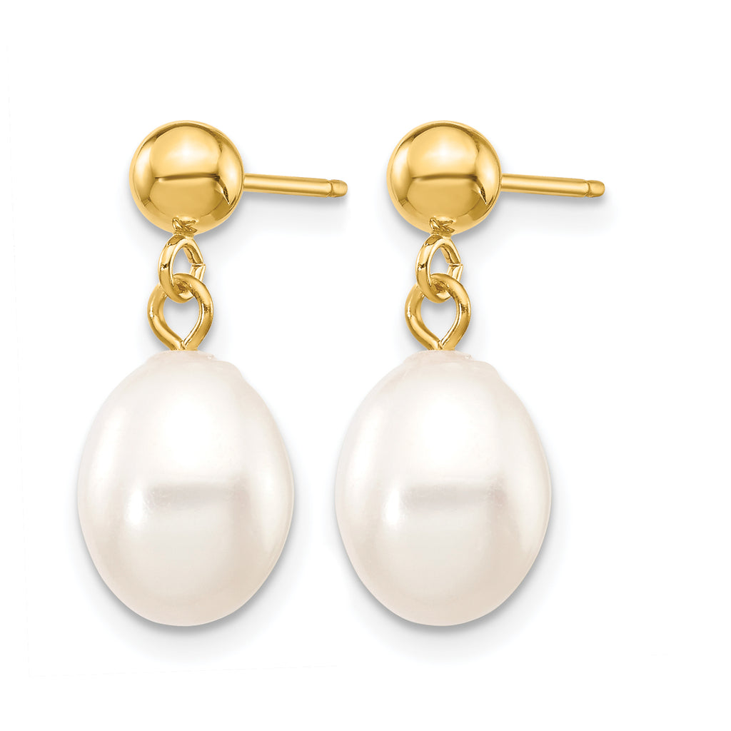 14K Gold Filled 7-8mm White Rice Cultured Freshwater Pearl Post Dangle Earrings - view 2