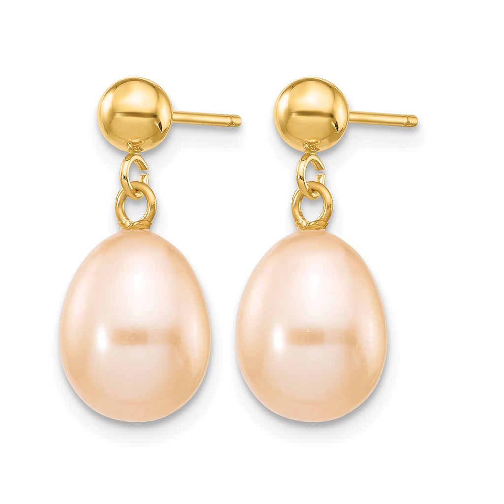 14K Gold Filled 8-9mm Pink Rice Cultured Freshwater Pearl Post Dangle Earrings - view 2