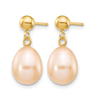 14K Gold Filled 8-9mm Pink Rice Cultured Freshwater Pearl Post Dangle Earrings - view 2