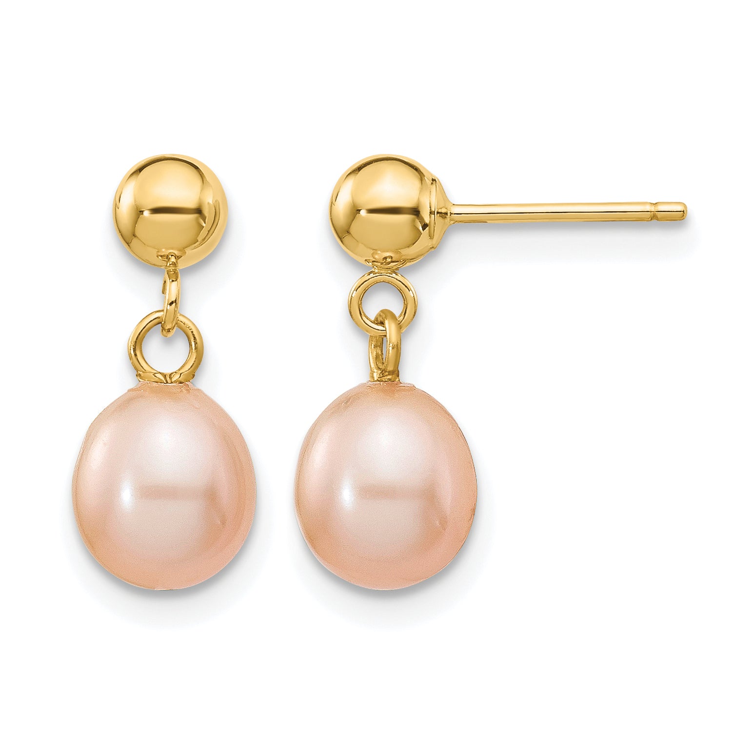 14K Gold Filled 6-7mm Pink Rice Cultured Freshwater Pearl Post Dangle Earrings by Sophia Jewelers Main image